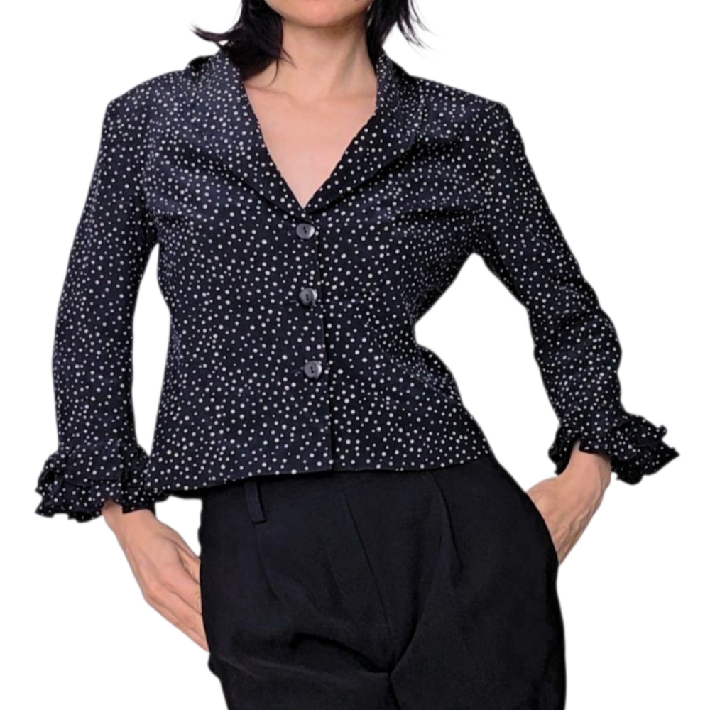 Vintage Renee DuMarr Black White Polka Dot Blazer With Ruffked Sleeves Size S/M
